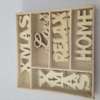 Ornament Xmas teksten 10.5x10.5cm p/25st hout