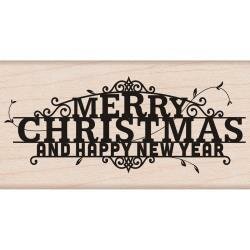 Stempel merry christmas en happy newyear 5x10cm p/st hout