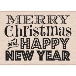 Stempel merry christmas happy new year dikke 7.6x10cm p/st hout