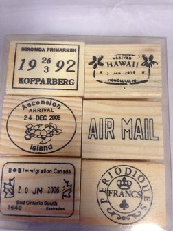 Stempel postzegels in doosje Airmail p/6st hout