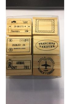 Stempel postzegels in doosje vliegtuig p/6st hout