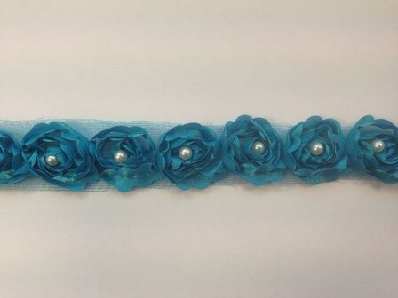 Lint aquablauw rozen 25mm p/mtr tule met parel