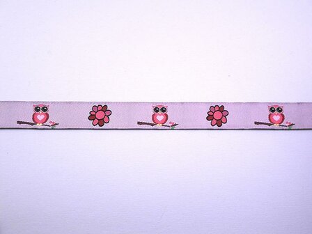 Lint roze 15mm p/mtr uil op tak met bloem 