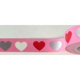 Masking tape roze/zilver hartjes 10mm p/10m