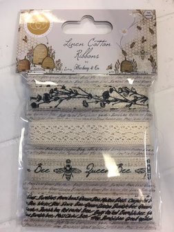 Lint Linnen Cotton Ribbons Tell the bees 4x1m p/set