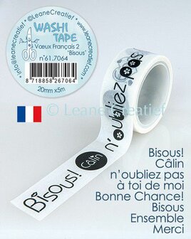 Masking tape Bisous 20mm p/5m wit/gekleurd