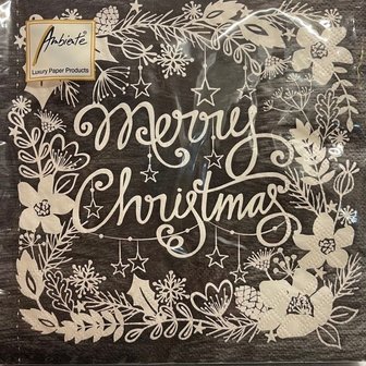 Servetten merry christmas zwart 33x33cm p/st