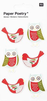 Stickers uil met vogeltjes rood/groen p/6st