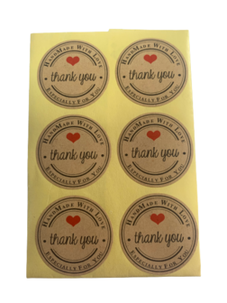 Stickers thank you handmade with love hartje 3.8cm p/12st kraft