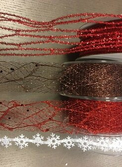 Lint rood kerst 38mm p/mtr glitter ijzerdraad 