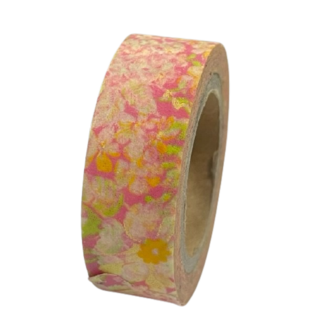 Masking tape roze/geel romantische bloem 15mm p/10m 