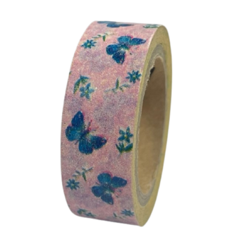 Masking tape roze/blauw vlinder 14mm p/6m 