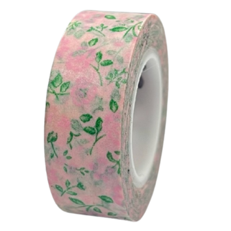 Masking tape roze bloem en blad 15mm p/10m 