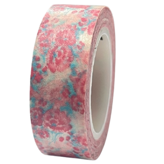 Masking tape roze/blauw bloemen 15mm p/10m 