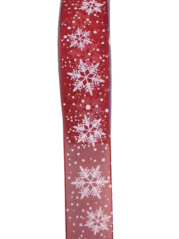 Lint rood organza sneeuwvlok 25mm p/mtr