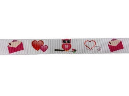 Lint wit uil en brief 22mm p/m rood/roze