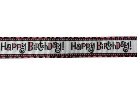 Lint wit Happy birthday 22mm p/m roze/zwart