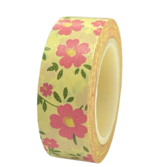 Masking tape roze/groen bloem 15mm p/10m 