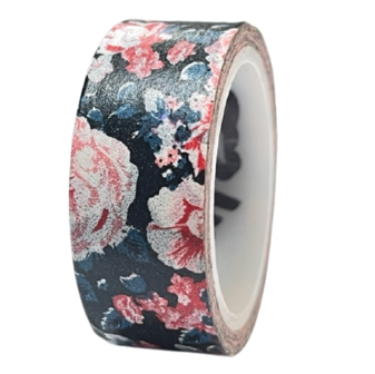 Masking tape zwart/roze bloem 15mm p/5m 