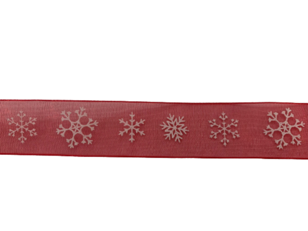 Lint rood organza snowflake 25mm p/mtr
