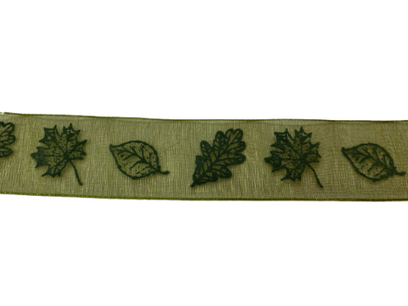 Lint groen organza herfstbladeren 25mm p/mtr 
