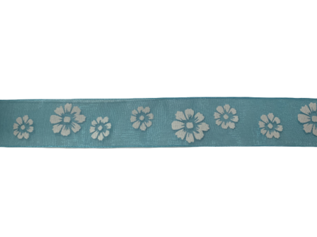 Lint turquoise organza 25mm p/mtr bloemen wit