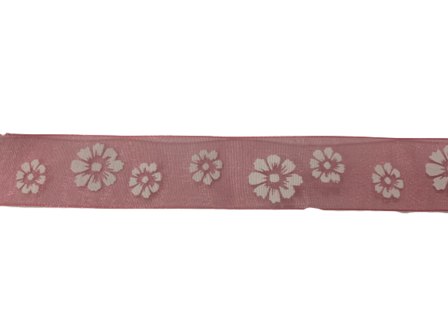 Lint roze organza 25mm p/mtr bloemen wit