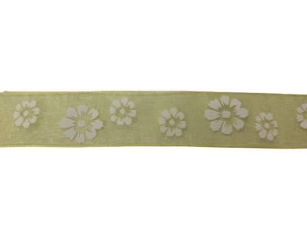 Lint geel organza 25mm p/mtr bloemen wit