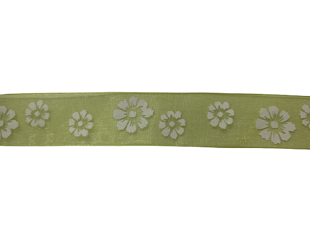 Lint groen organza 25mm p/mtr bloemen wit