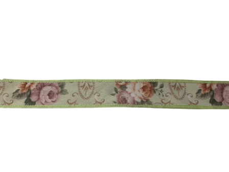 Lint groen 25mm p/mtr princess met bloemen roze