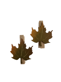Knijper herfst blad olijfgroen 4x3.5cm p/4st hout