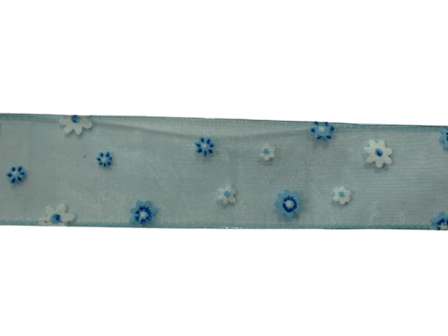Lint blauw bloemen wit organza 40mm p/mtr