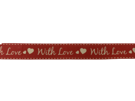 Lint rood with love 2 hartjes 15mm p/m creme