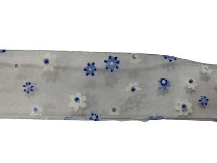 Lint wit bloemen blauw organza 40mm p/mtr