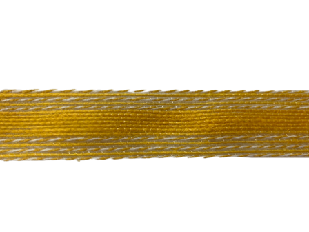 Lint geel 25mm p/mtr jute met witte stitch 