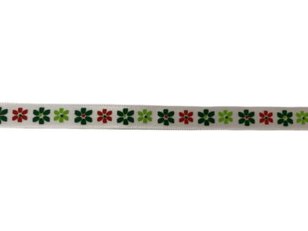 Lint wit/rood/groen 9mm p/mtr satijn bloemetjes