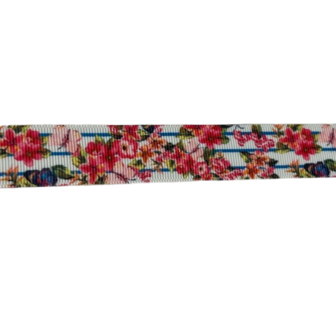 Lint wit/blauw/roze 22mm p/mtr streep bloemen 