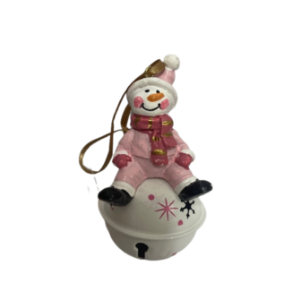 Kerstbel met sneeuwpop 9cm p/st wit