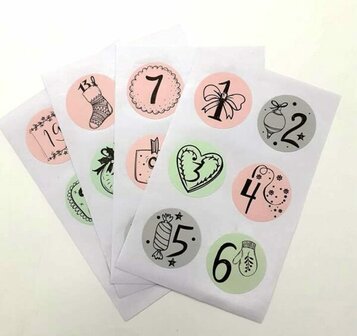 Stickers Adventcijfers rond roze groen p/set
