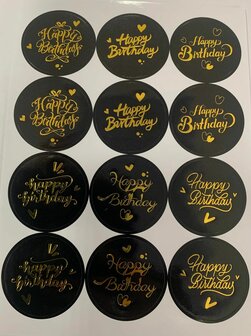Stickervel Happy Birthday zwart/goud A5 p/12st