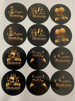 Stickervel Happy Birthday ballon zwart/goud A5 p/12st