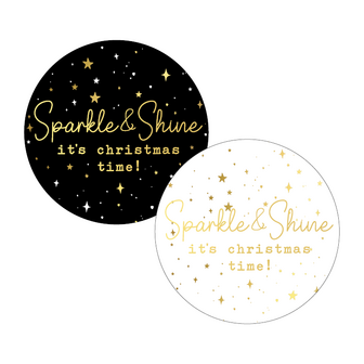 Sticker Sparkle and shine its christmas time 40mm 2 soorten p/20st wit-zwart