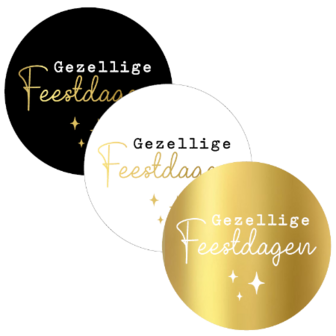 Sticker gezellige feestdagen 40mm 3 soorten p/20st wit-zwart/goud