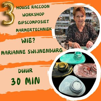 Workshop 2: Marianne House Raccoon gipscomposiet tijd: 14.45-15.15 zaterdag