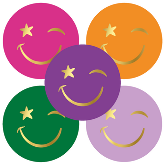 Sticker Smiley met ster (5 varianten) p/20st gekleurd