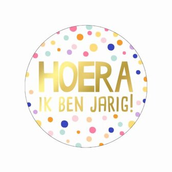 Sticker Hoera ik ben Jarig! confetti 50mm p/20st