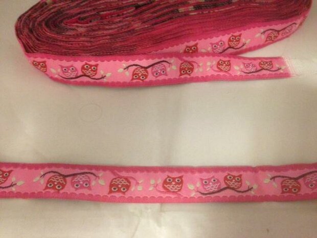 Lint roze uil randje 15mm p/m gewoven