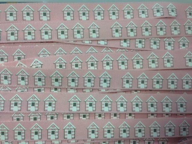 Lint roze Strandhuisje 15mm p/mtr vintage 