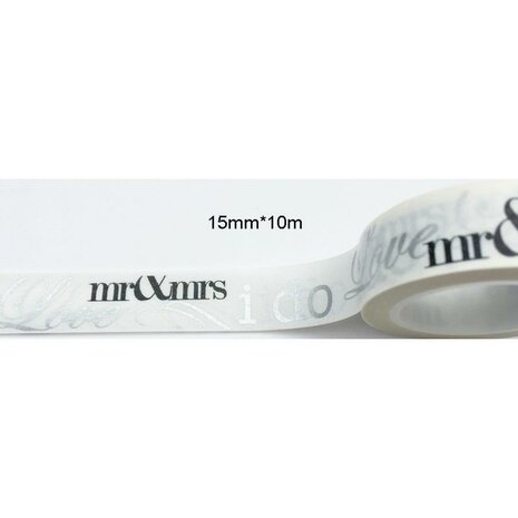Masking tape Mr & Mrs 15mm p/10m wit/zwart