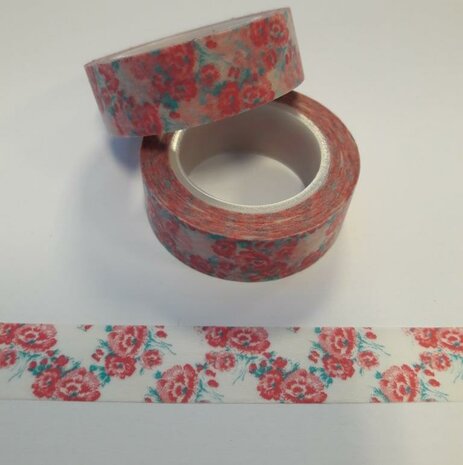 Masking tape bloemen en slierten 15mm p/10m wit/roze/blauw